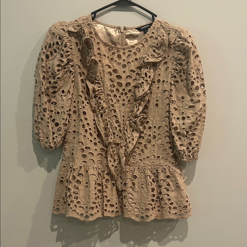Express Beige Eyelet Ruffle Peplum Top